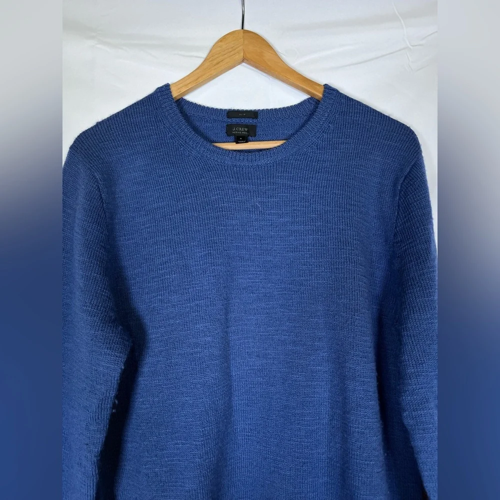 J.Crew Merino Sweater Men's M Blue Brown Leather Elbow Trim Round‎ Neck Pullover